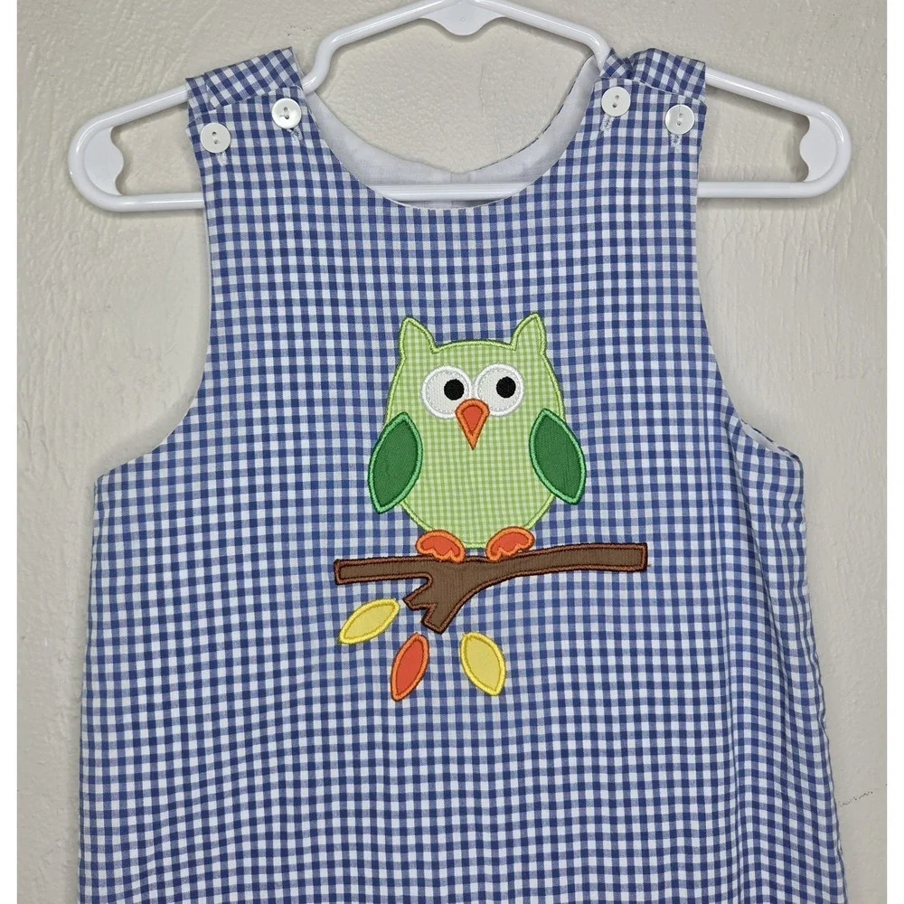 Petite Palace Owl Applique Jon Jon Shortall Romper Baby Boy Size 6 Months Blue